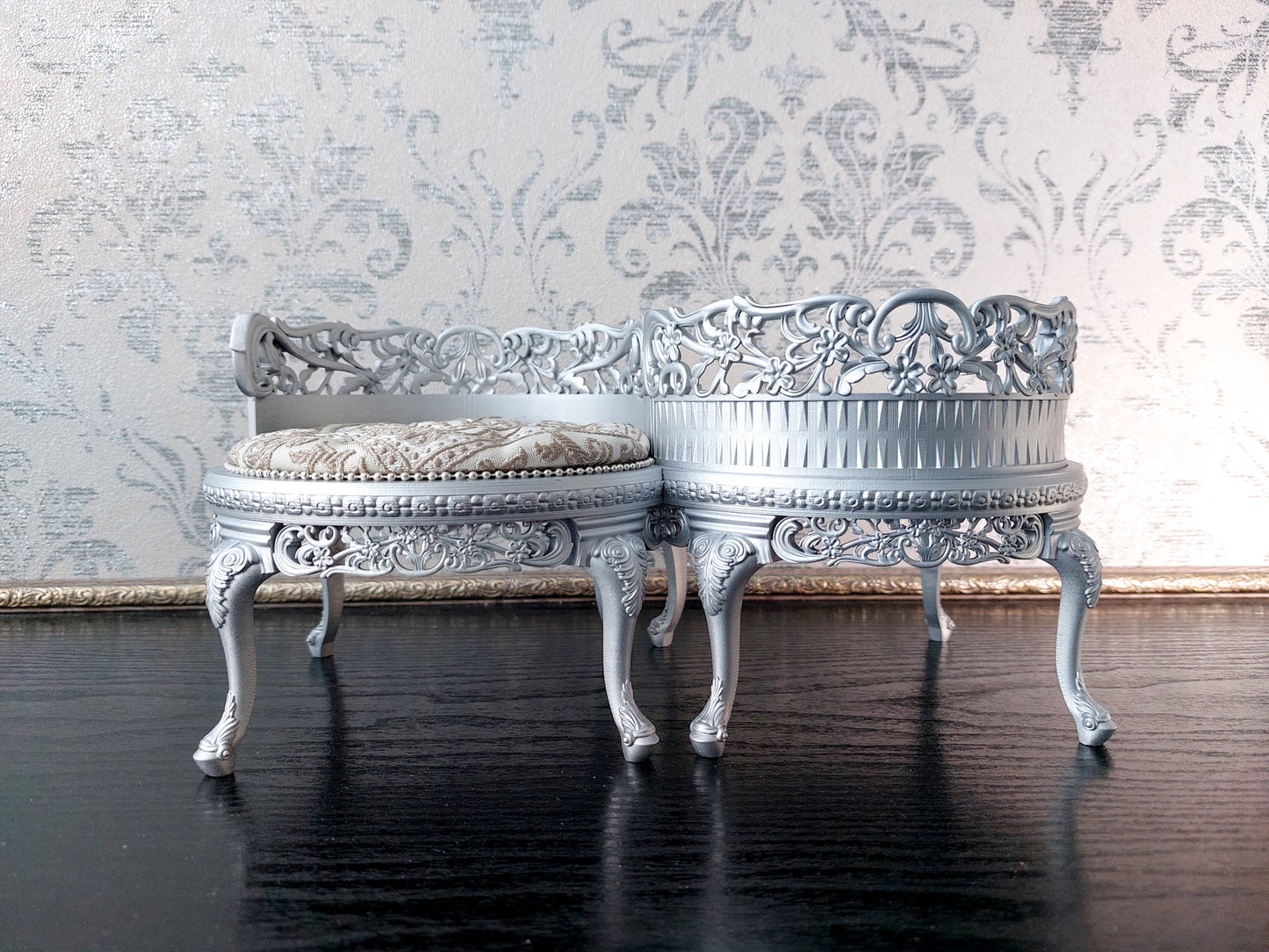 Reserved - 1/4 tet-a-tet chair, double doll stand, silver