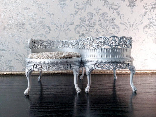 Reserved - 1/4 tet-a-tet chair, double doll stand, silver