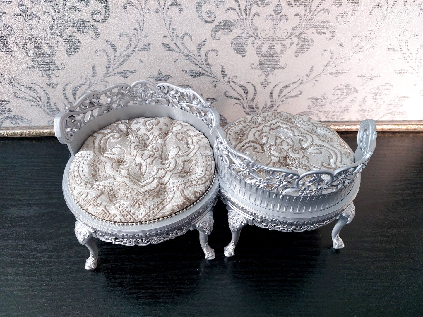 Reserved - 1/4 tet-a-tet chair, double doll stand, silver