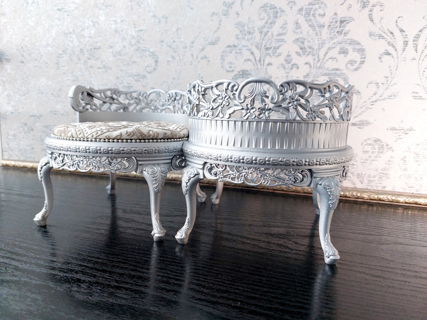 Reserved - 1/4 tet-a-tet chair, double doll stand, silver