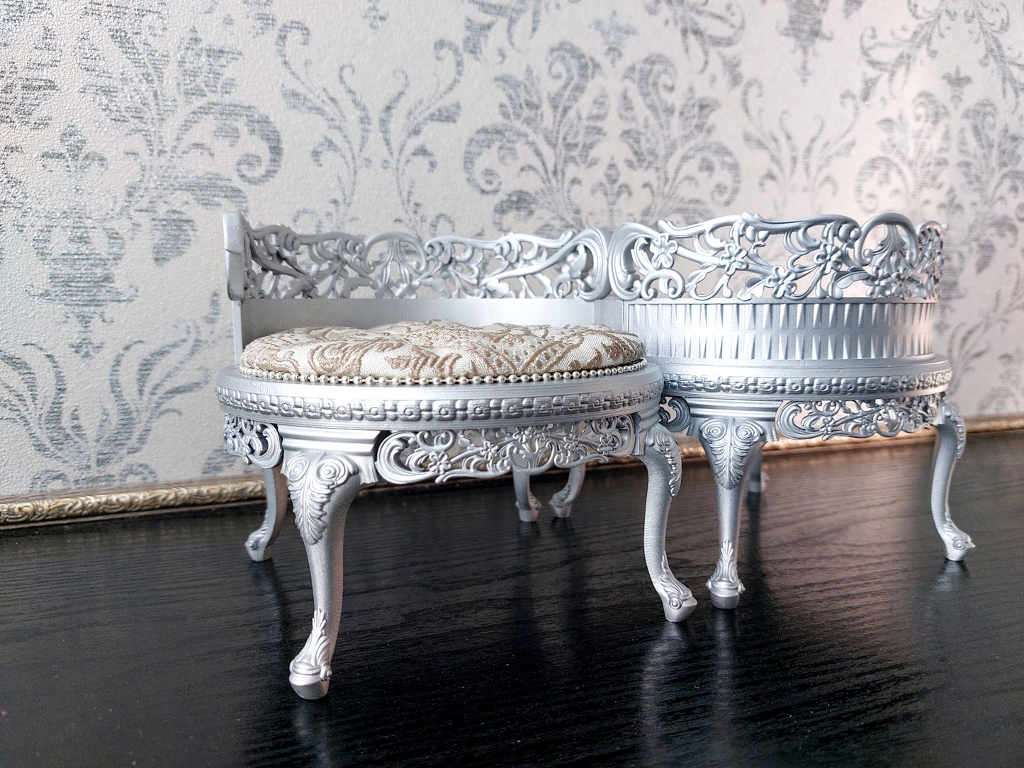 Reserved - 1/4 tet-a-tet chair, double doll stand, silver