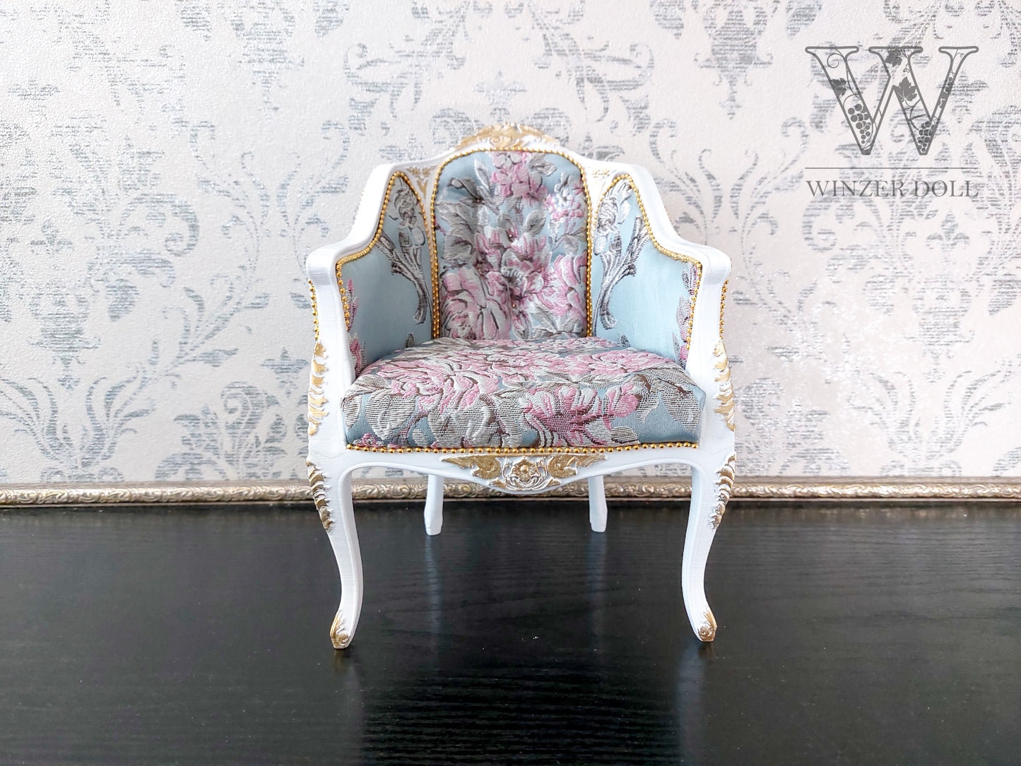 Reserved - 1/4 French armchair white & blue