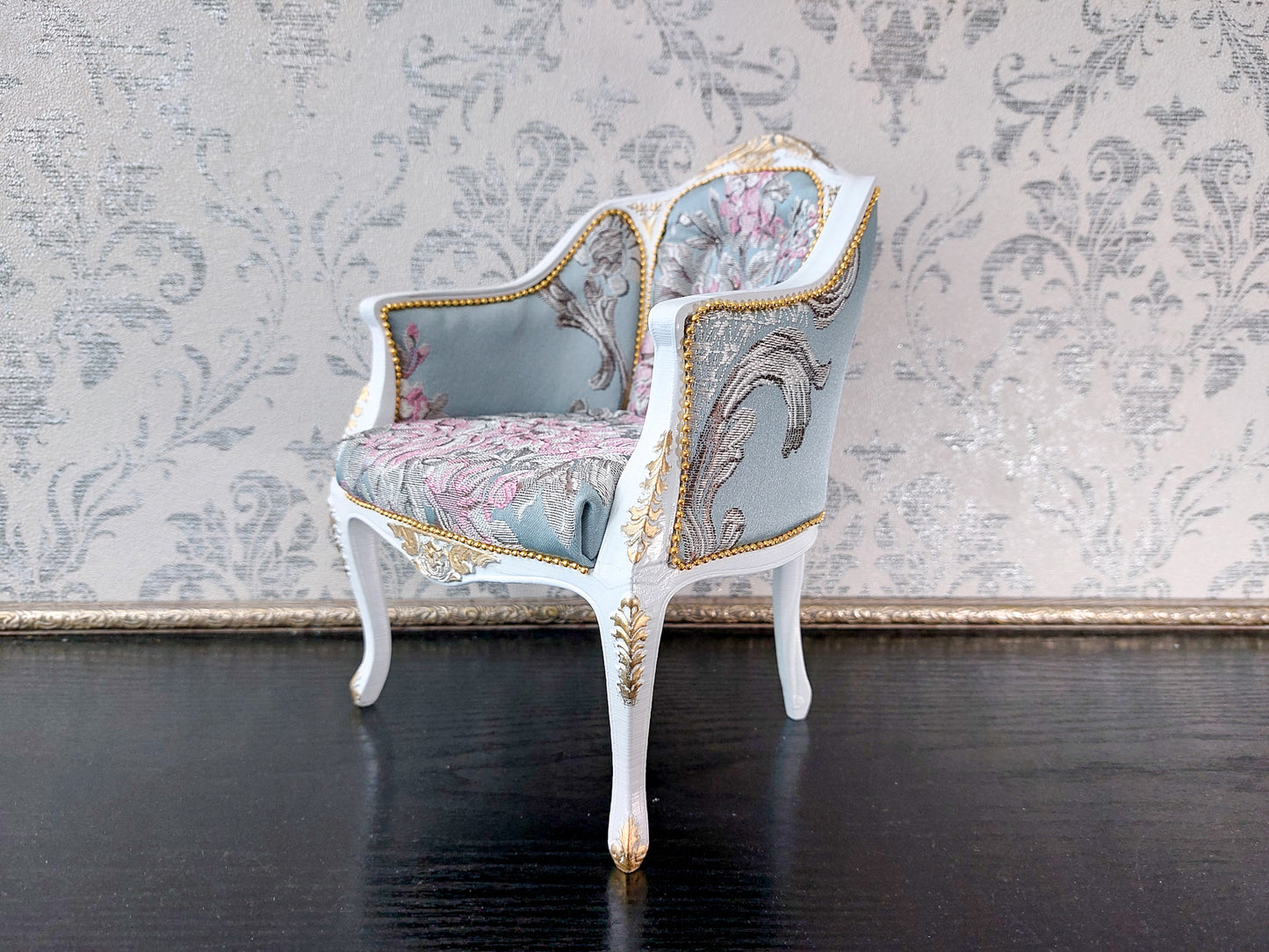 Reserved - 1/4 French armchair white & blue