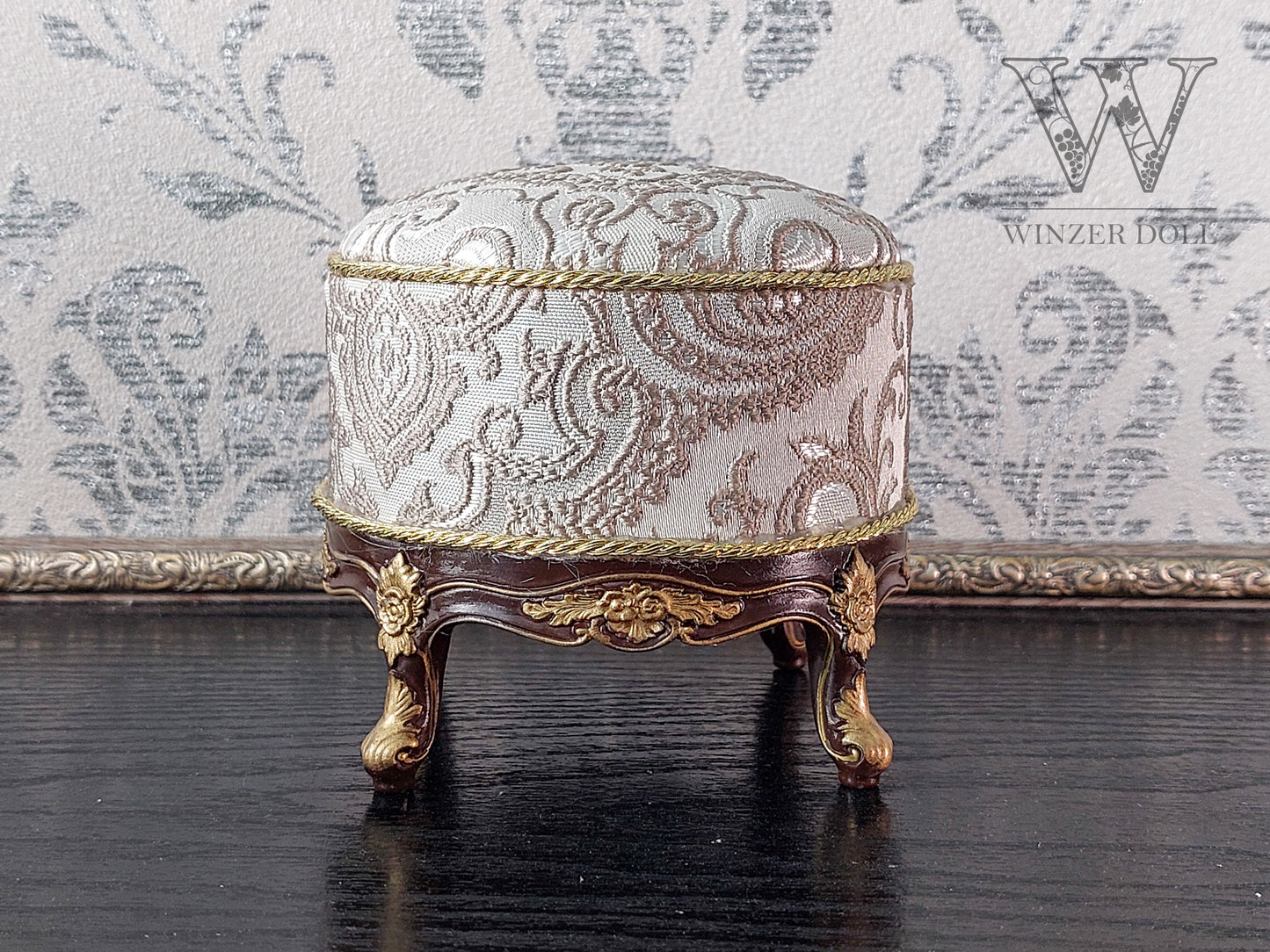 Baroque ottoman for dolls, brown & silver