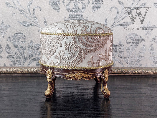 Baroque ottoman for dolls, brown & silver