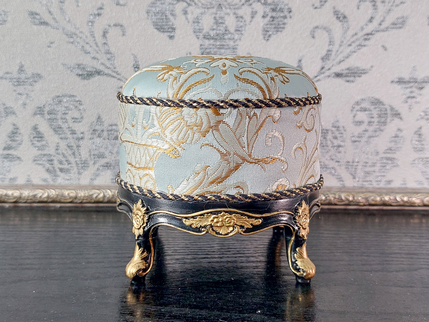 Baroque ottoman for dolls, black & blue