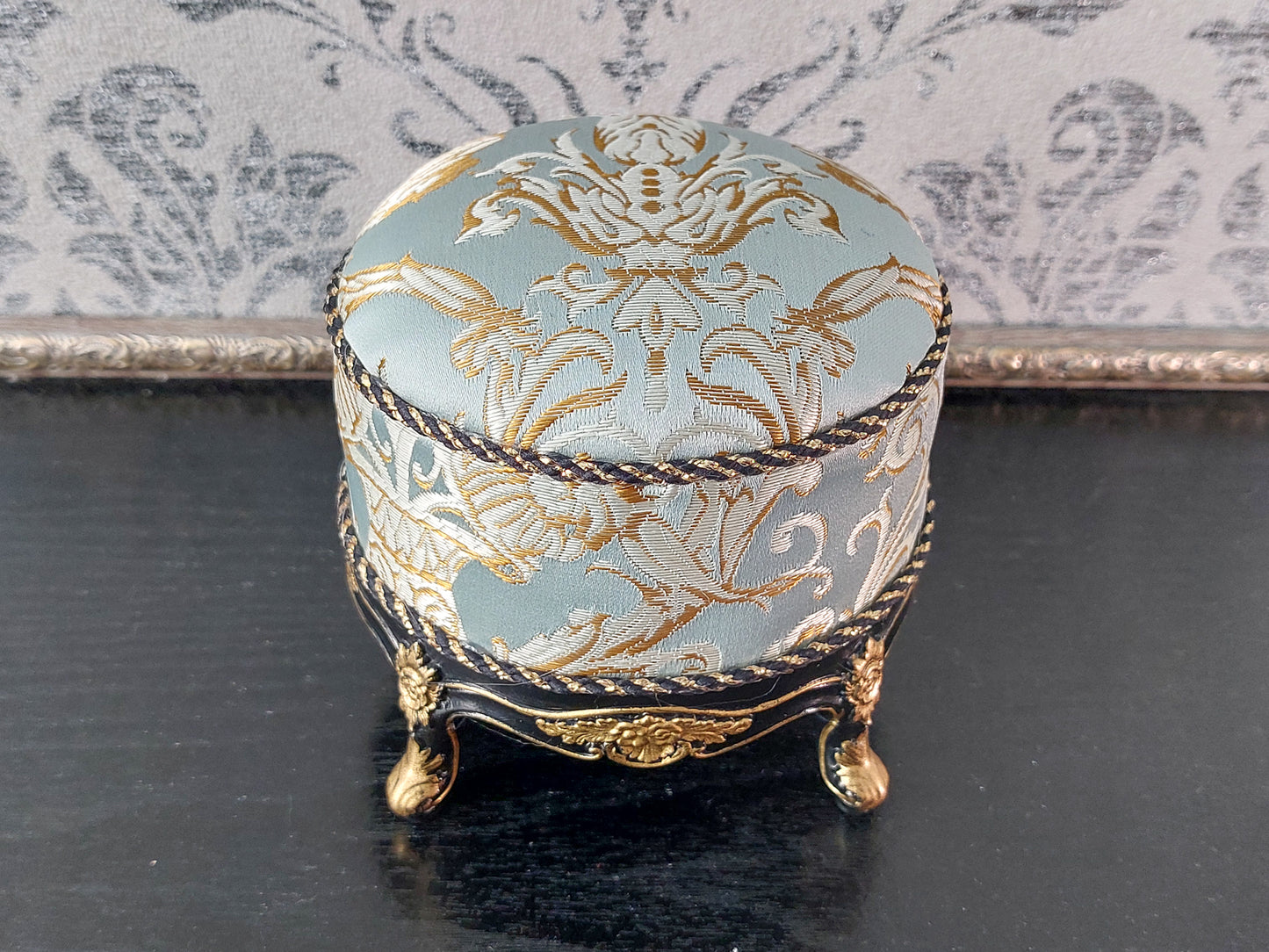 Baroque ottoman for dolls, black & blue