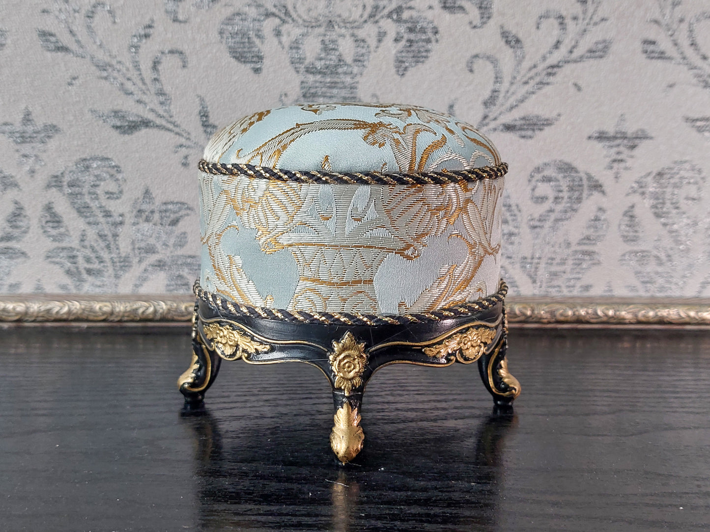 Baroque ottoman for dolls, black & blue