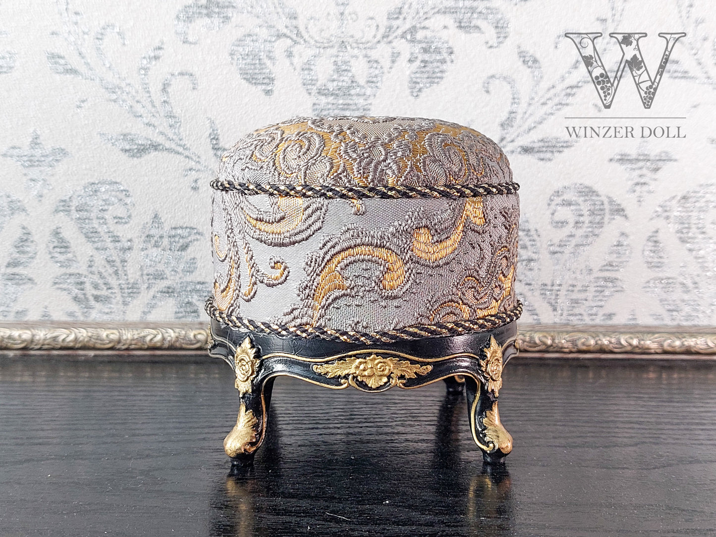 Baroque ottoman for dolls, black & gray