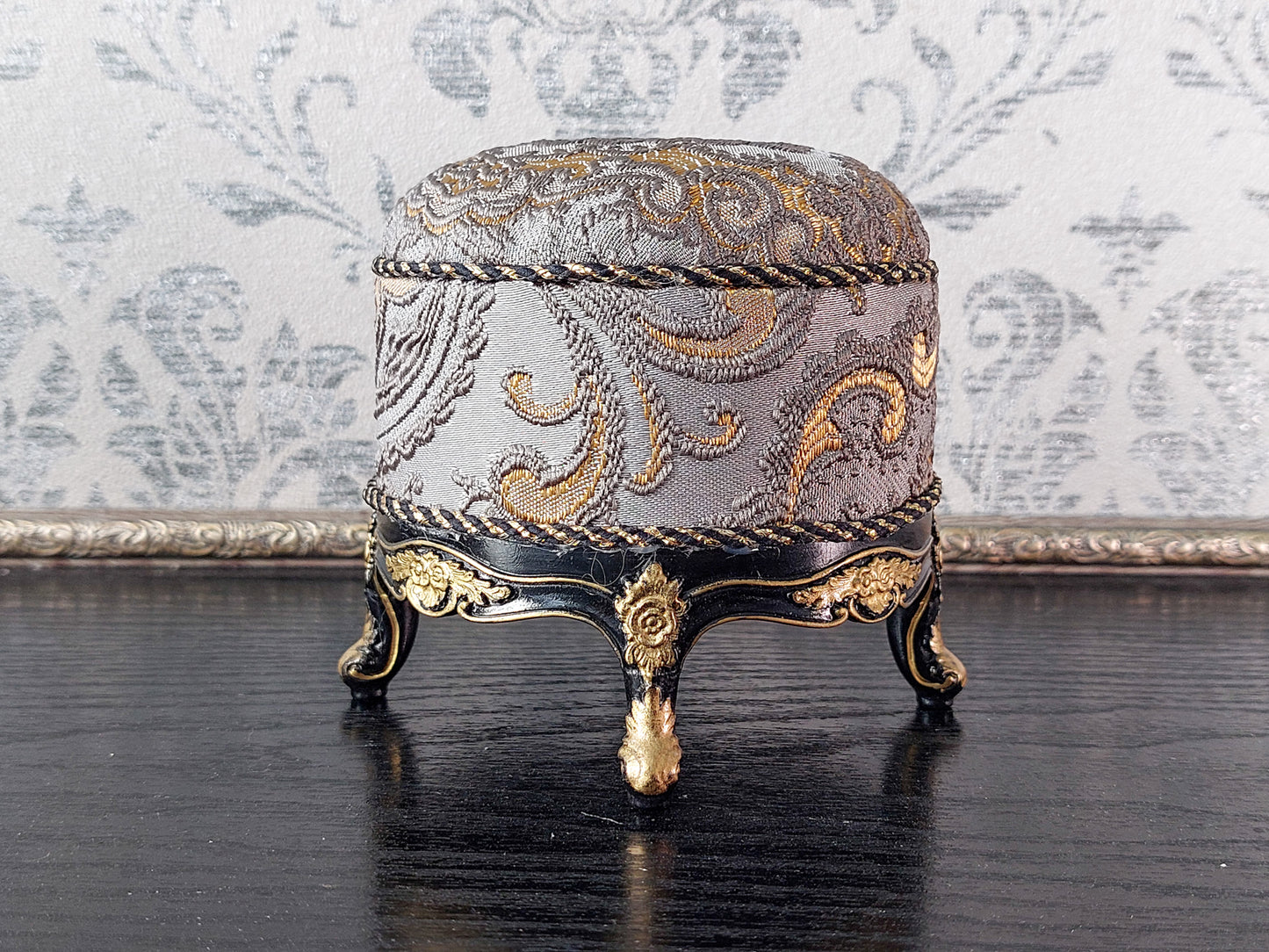 Baroque ottoman for dolls, black & gray