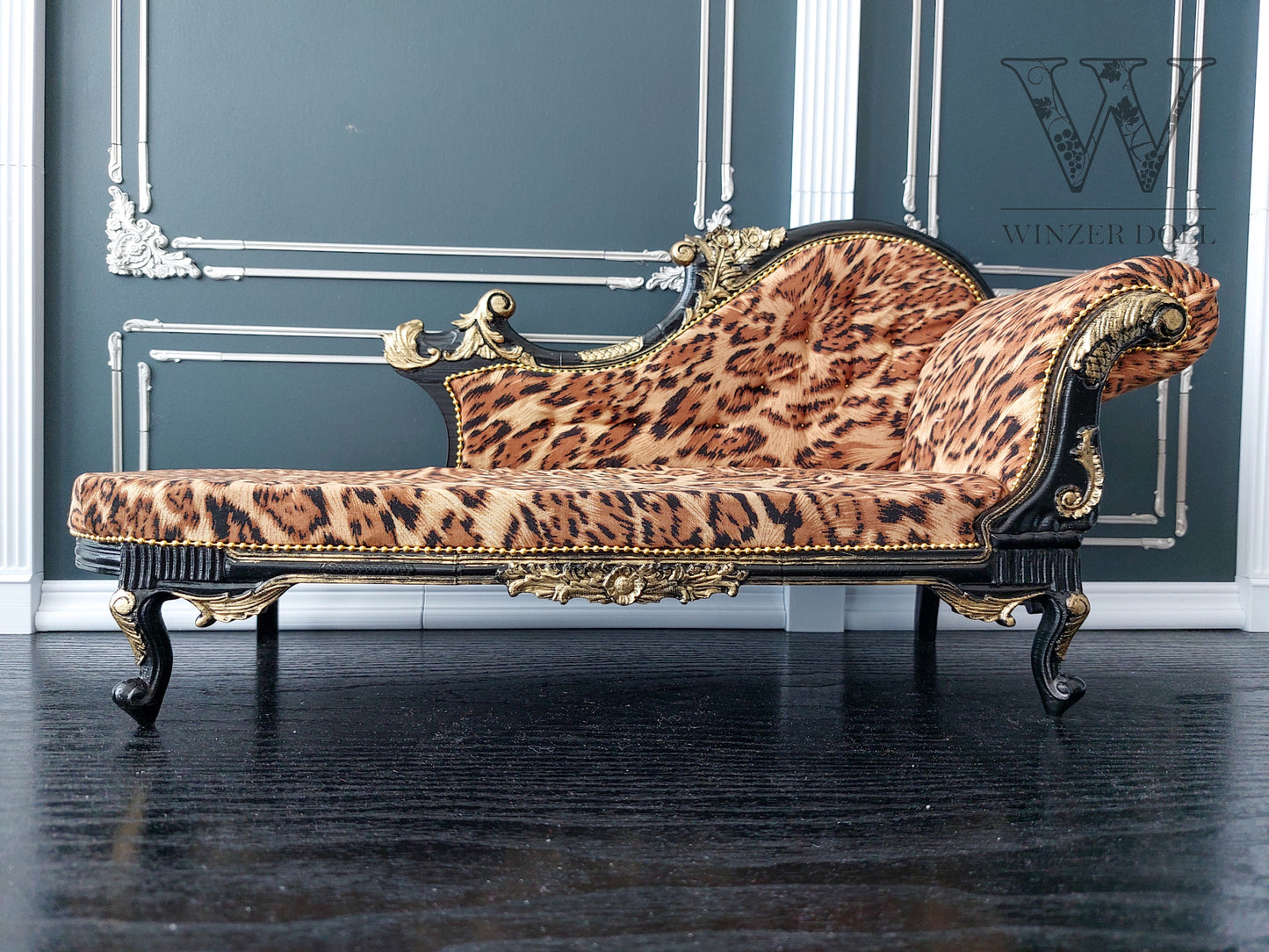 Florence Carved Chaise Longue, black & leopard print