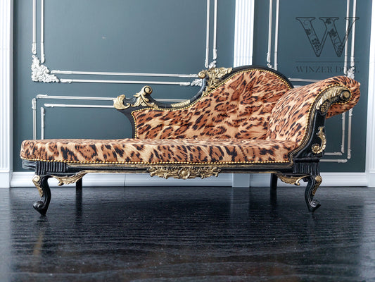 Florence Carved Chaise Longue, black & leopard print