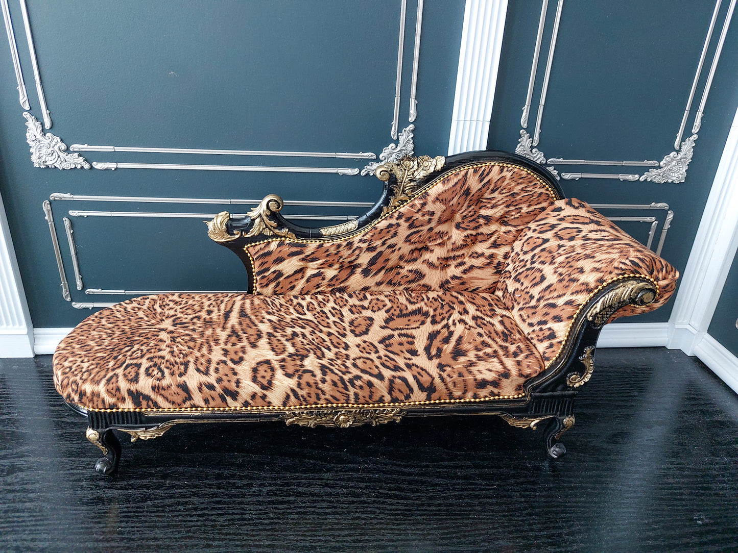 Florence Carved Chaise Longue, black & leopard print