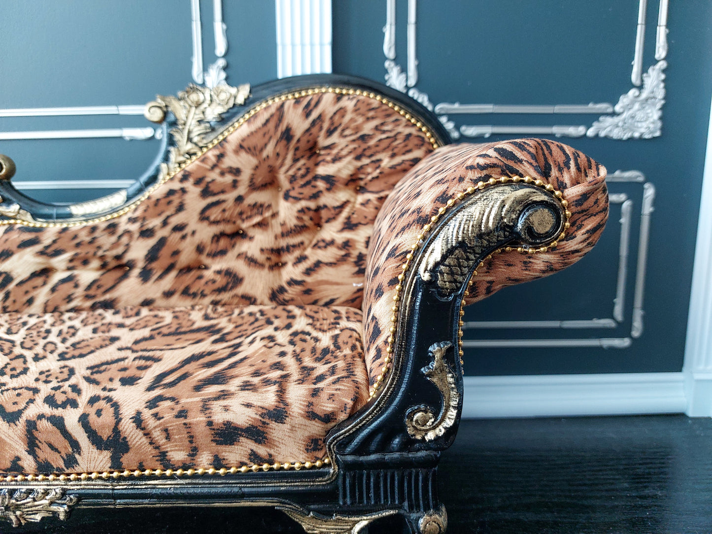 Florence Carved Chaise Longue, black & leopard print