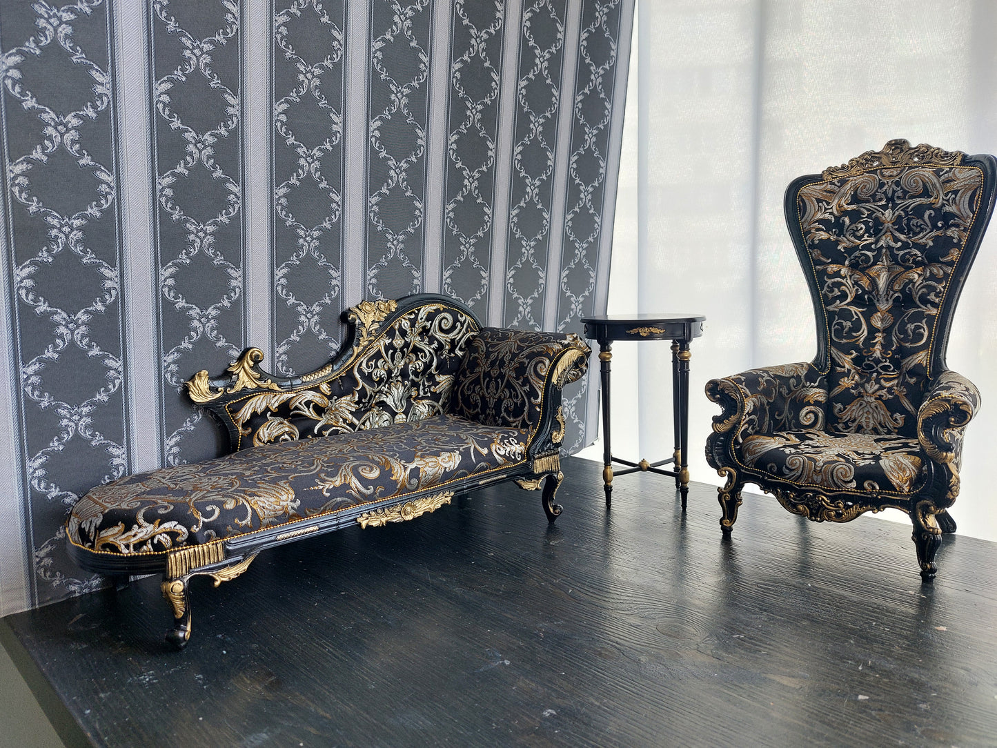 Reserved - 1/4 Chaise lounge, cake table, throne, black & gold
