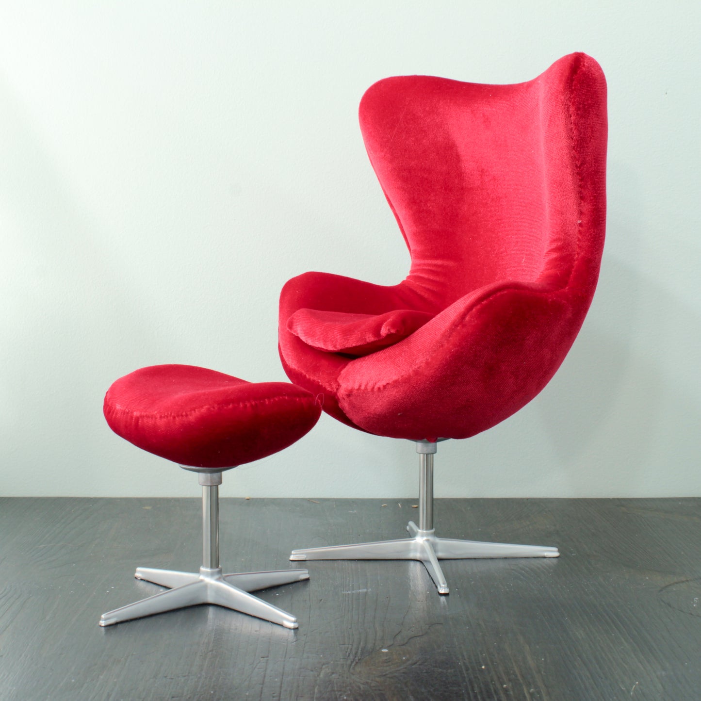 Reserved - 1/4 Egg-chair with ottoman, red velvet