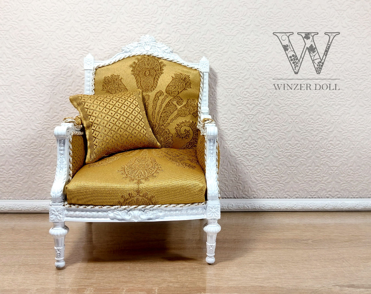 Classical armchair for dolls, Louis XVI style, white & yellow