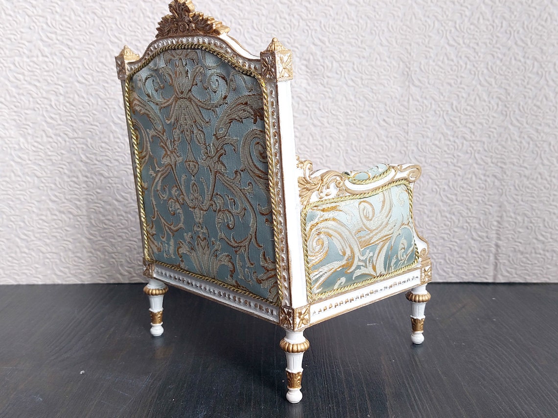 Classical armchair for dolls, Louis XVI style, white & azure