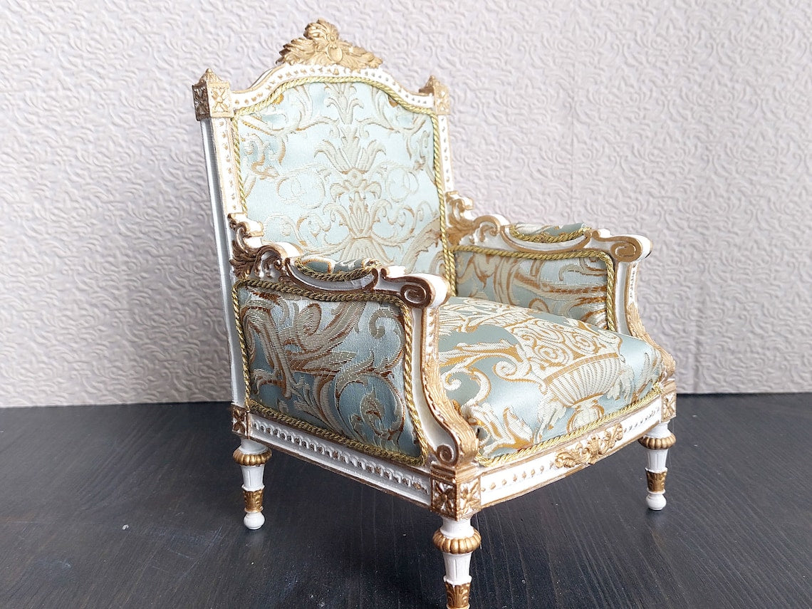 Classical armchair for dolls, Louis XVI style, white & azure