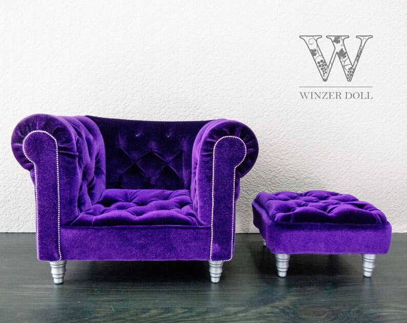 Chesterfield armchair with ottoman, purple velvet