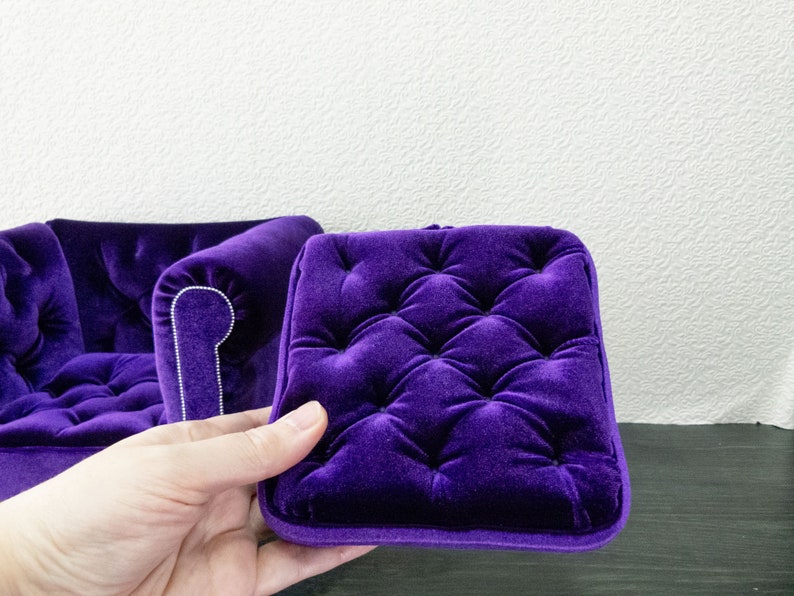 Chesterfield armchair with ottoman, purple velvet