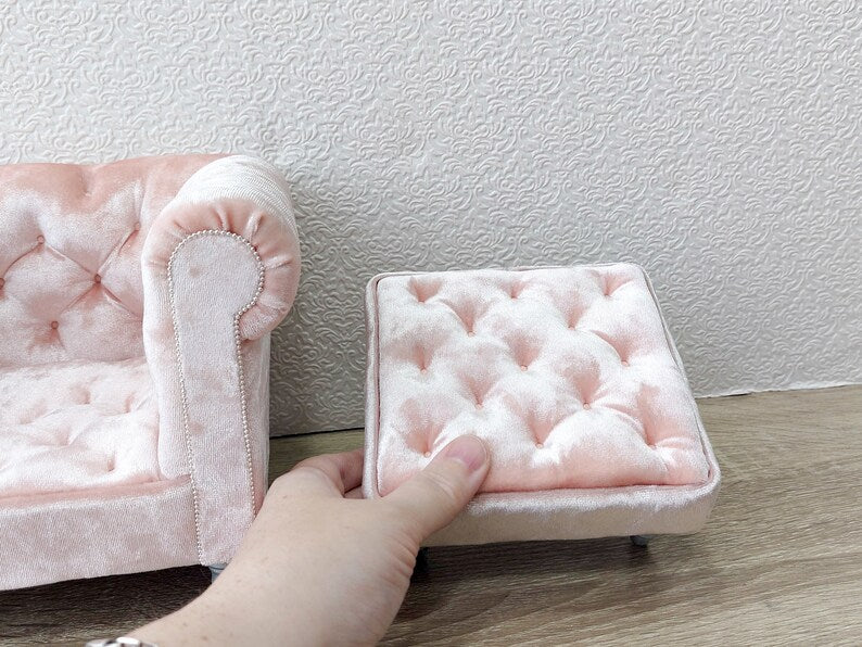 Chesterfield armchair with ottoman, pink velvet