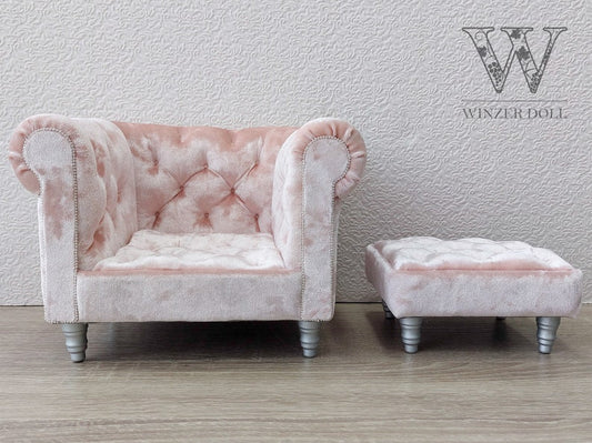 Chesterfield armchair with ottoman, pink velvet