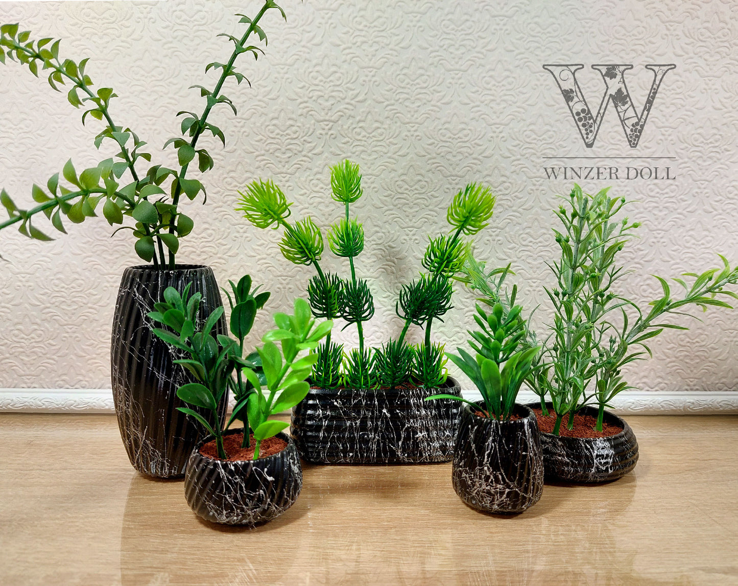 Miniature artificial plants in pots, set of 5 pcs, black