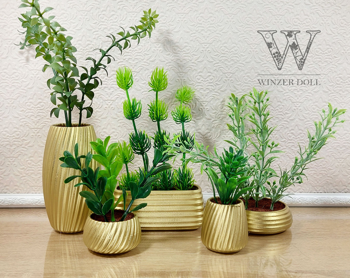 Miniature artificial plants in pots, set of 5 pcs, gold