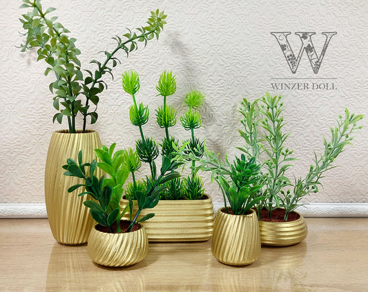 Miniature artificial plants in pots, set of 5 pcs, gold