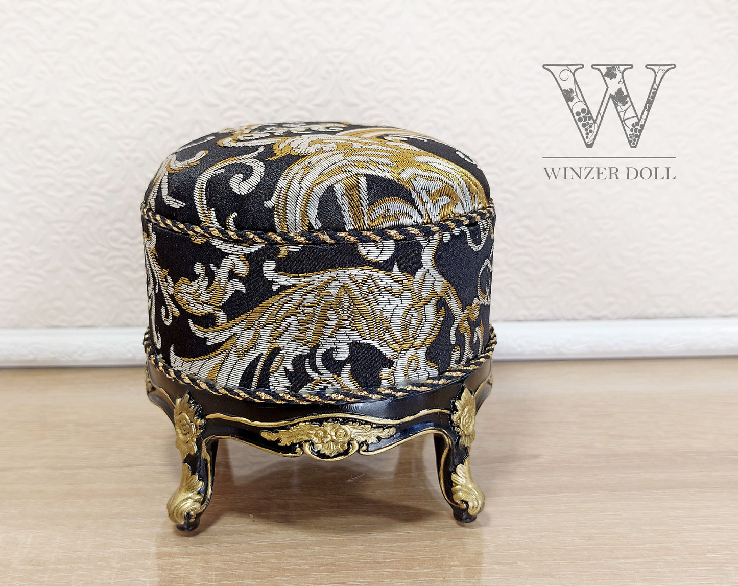 Baroque ottoman for dolls, black