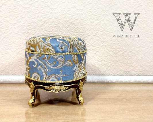 Baroque ottoman for dolls, brown & blue