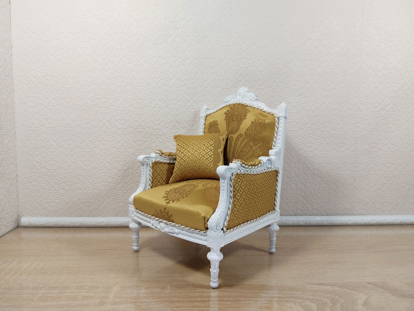 Classical armchair for dolls, Louis XVI style, white & yellow