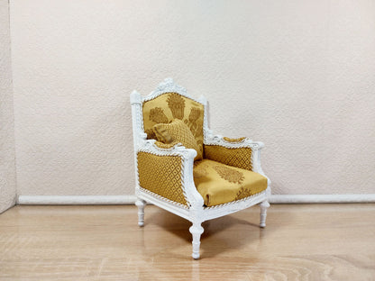 Classical armchair for dolls, Louis XVI style, white & yellow
