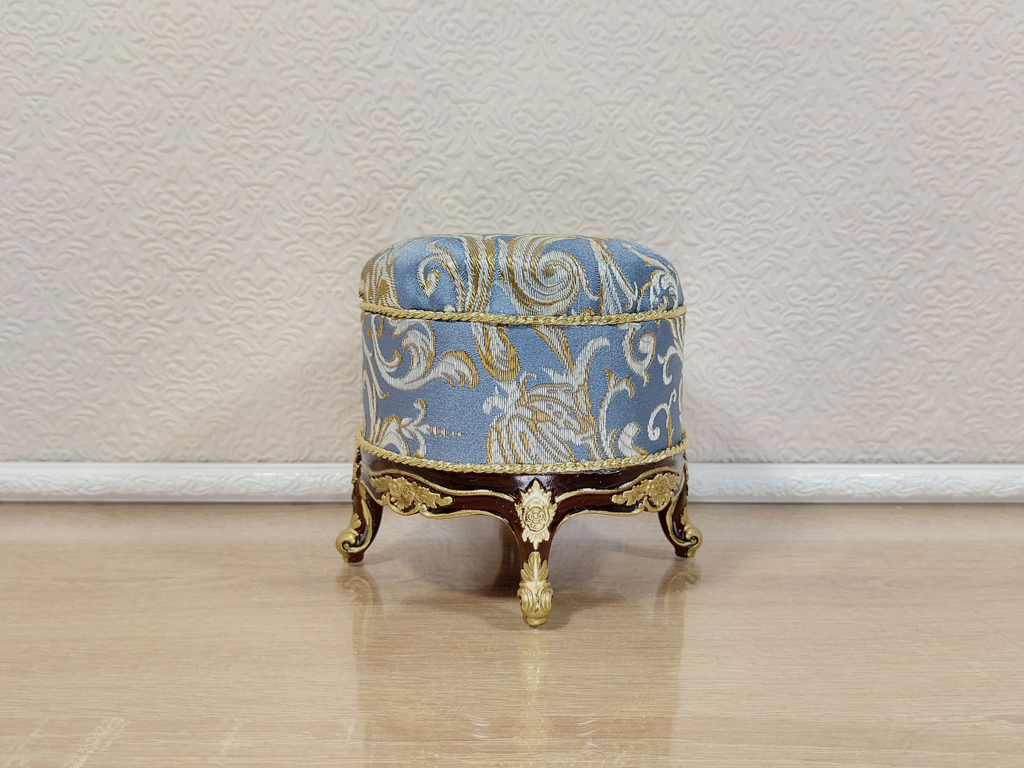 Baroque ottoman for dolls, brown & blue