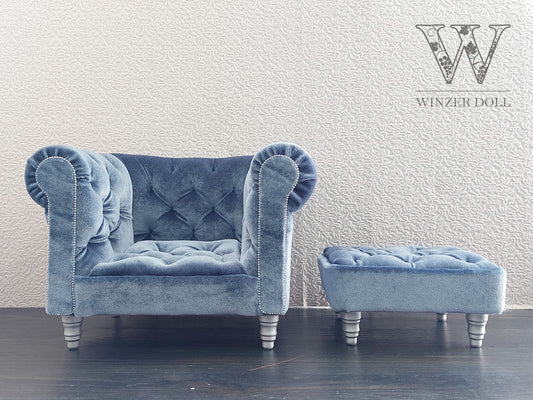 Chesterfield armchair with ottoman, blue gray velvet
