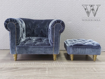 Chesterfield armchair with ottoman, gray velvet