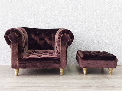 Chesterfield armchair with ottoman, brown velvet