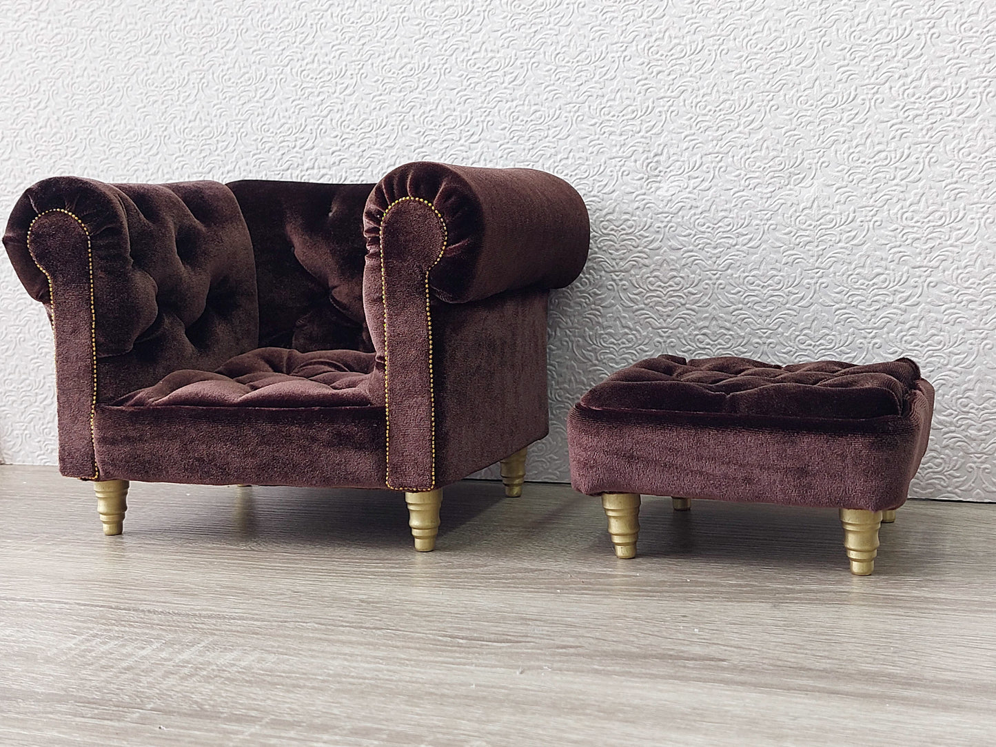 Chesterfield armchair with ottoman, brown velvet