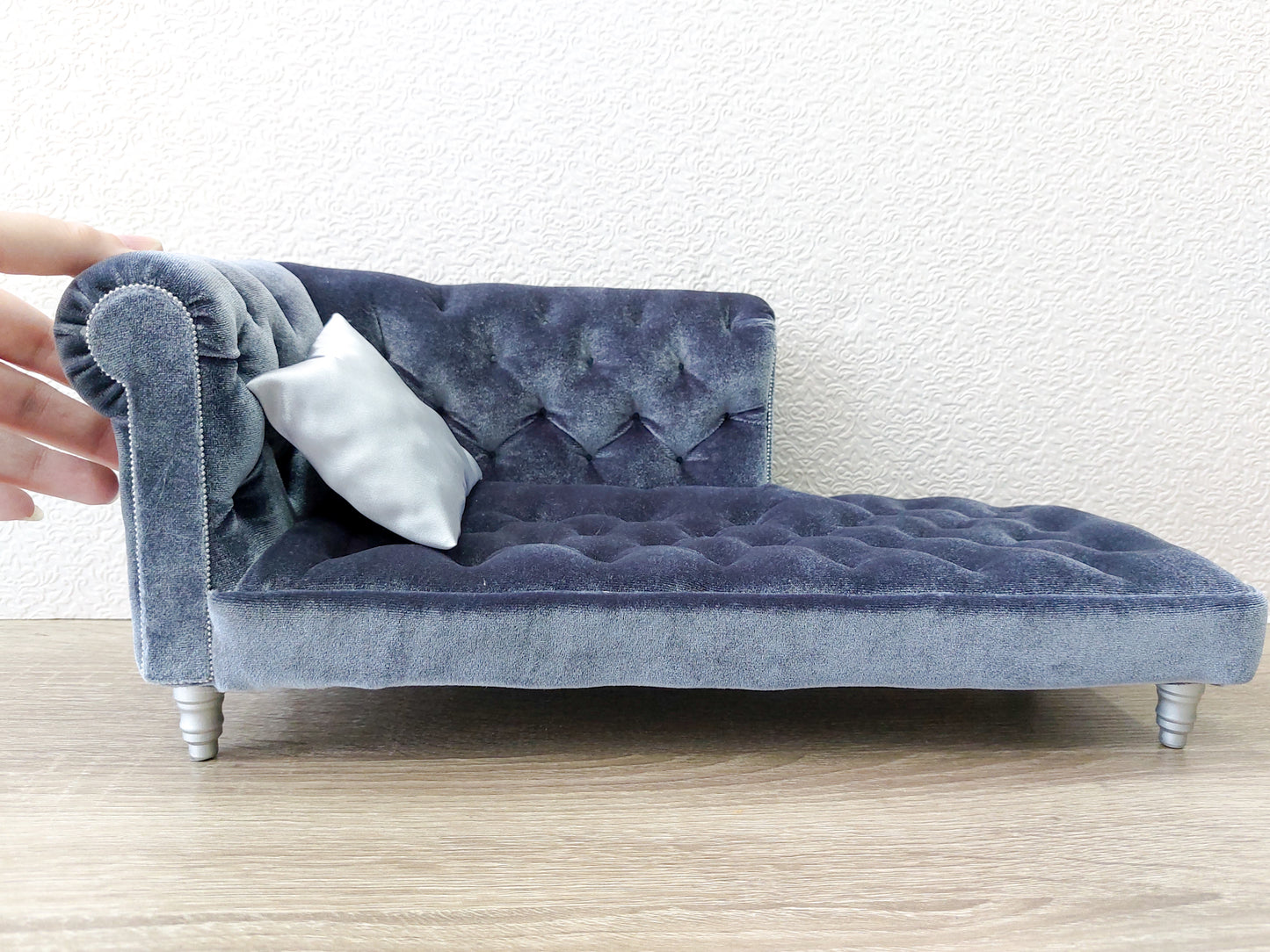 Chesterfield chaise lounge, blue gray velvet