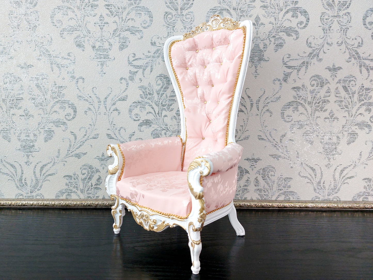 Baroque throne for dolls, white & pink