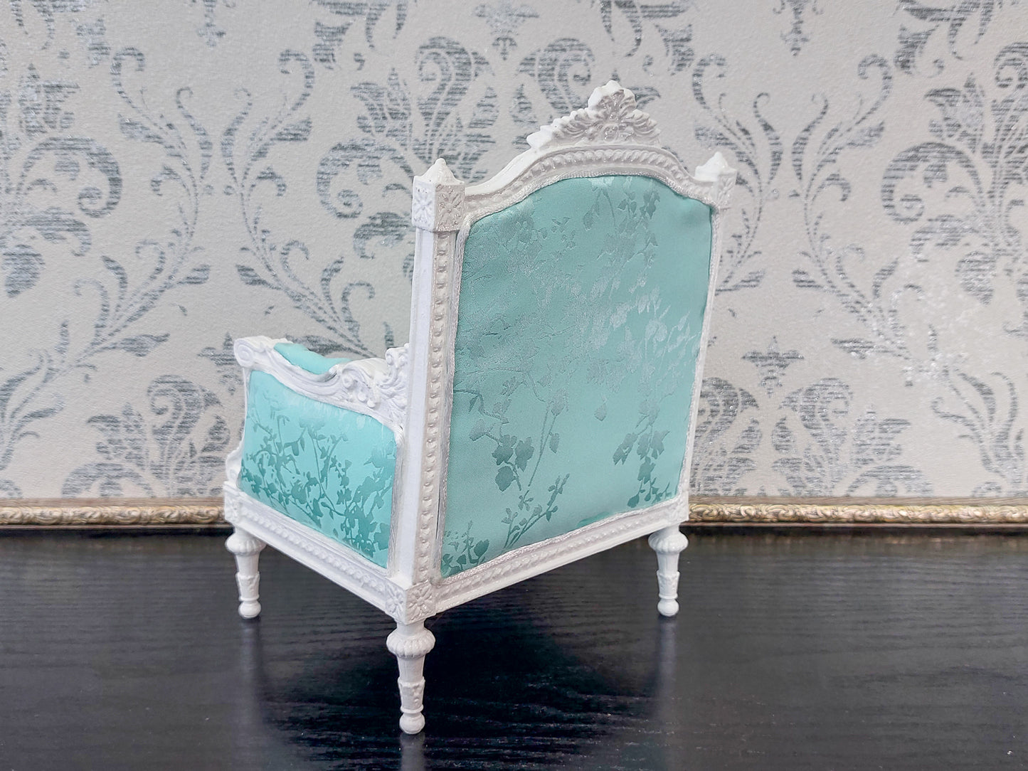 Classical armchair for dolls, Louis XVI style, white & mint