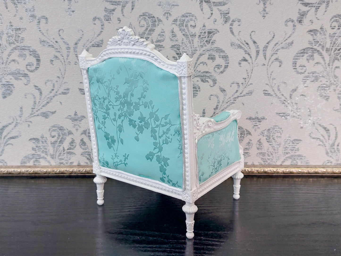 Classical armchair for dolls, Louis XVI style, white & mint