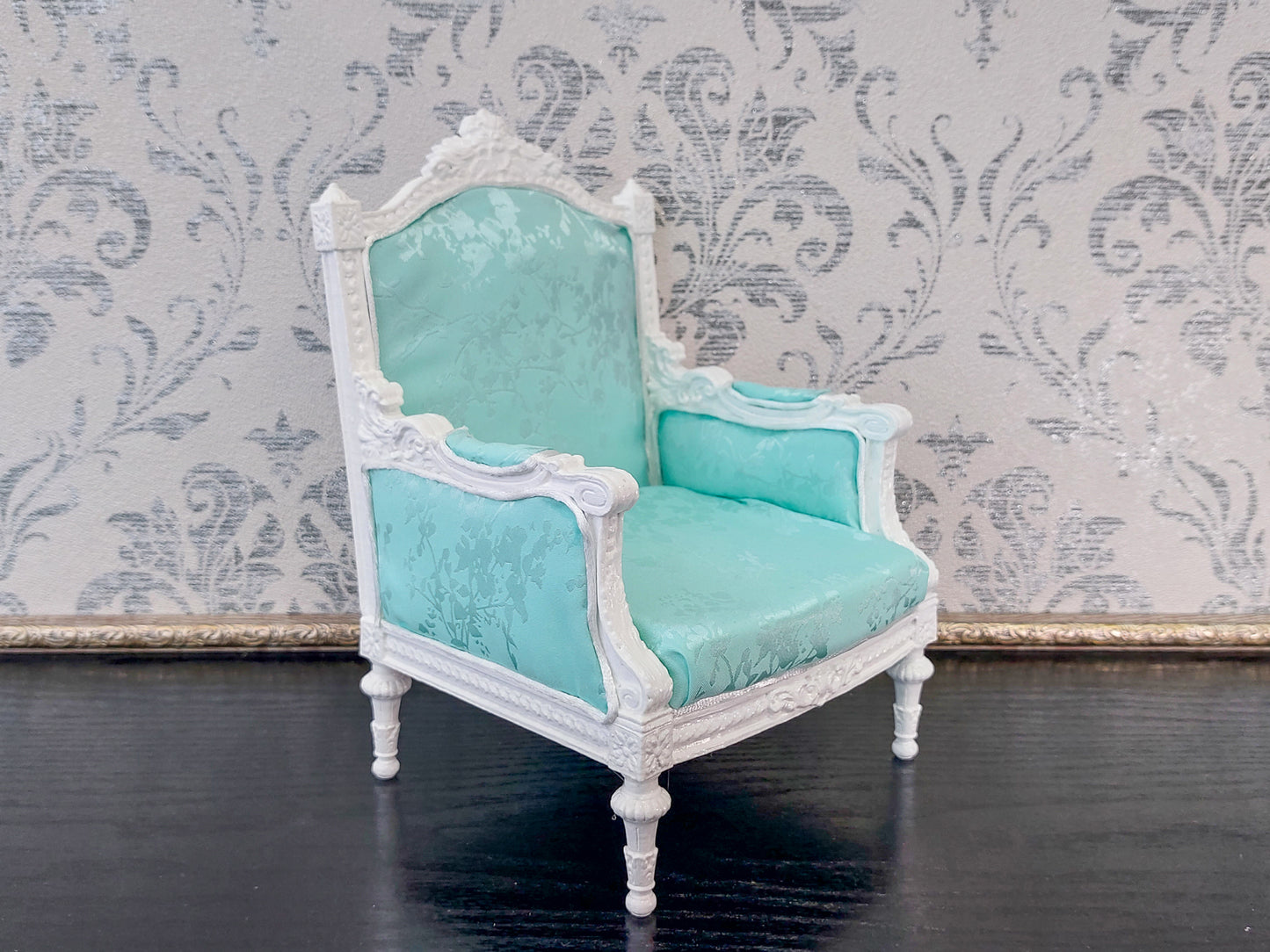 Classical armchair for dolls, Louis XVI style, white & mint