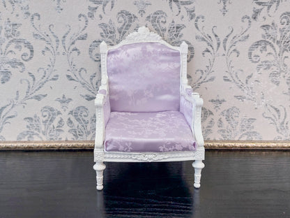 Classical armchair for dolls, Louis XVI style, white & pale purple