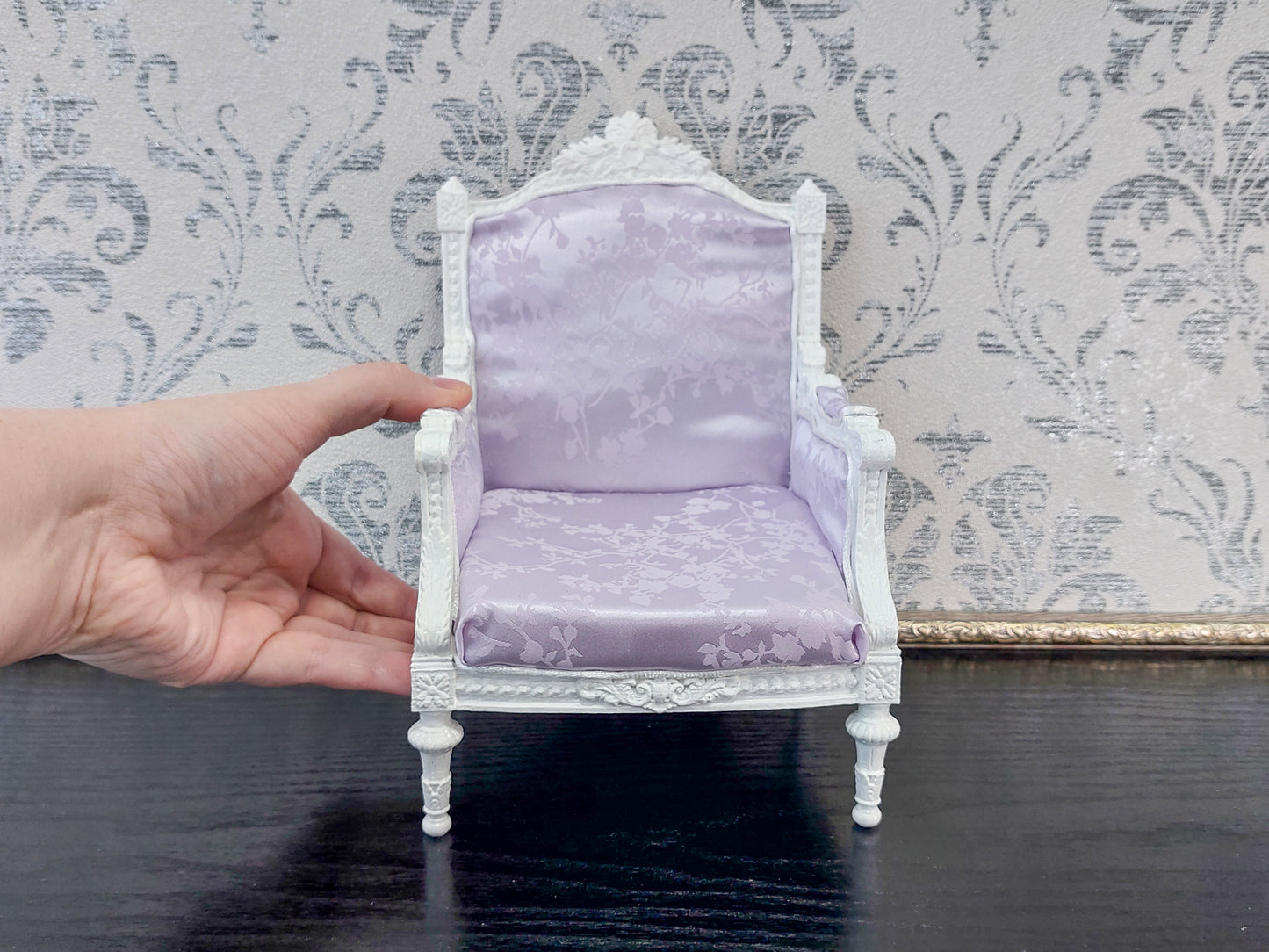 Classical armchair for dolls, Louis XVI style, white & pale purple