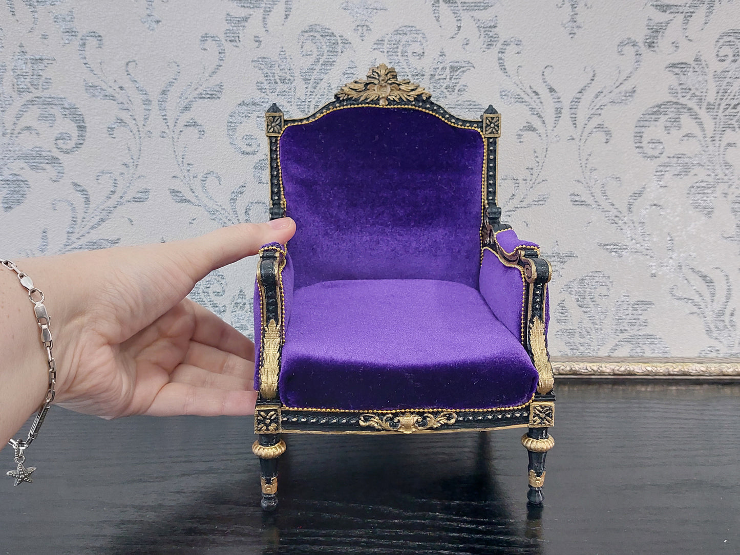 Classical armchair for dolls, Louis XVI style, black & purple