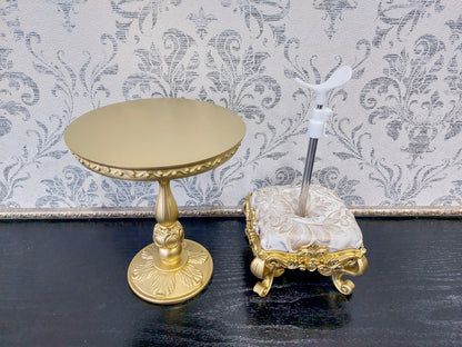 Reserved - Throne, sofa Wave, round table, doll posing stand, gold & beige