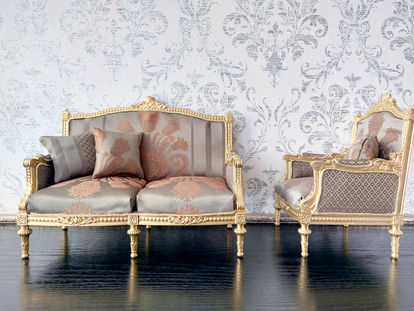 Classical sofa and armchair for dolls, Louis XVI style, gold & green