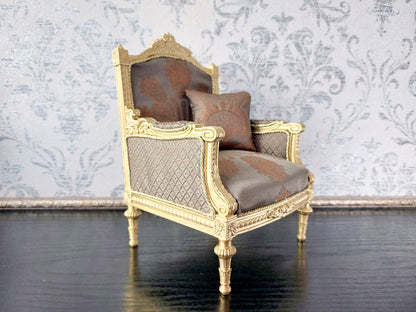 Classical sofa and armchair for dolls, Louis XVI style, gold & green